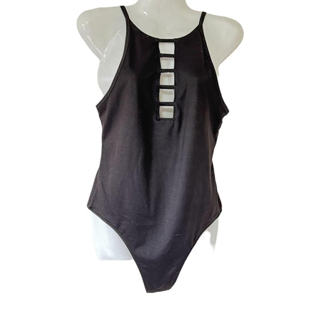Victoria Sport Bodysuit Black Thong High Neck and Cutouts Front and Back Size S